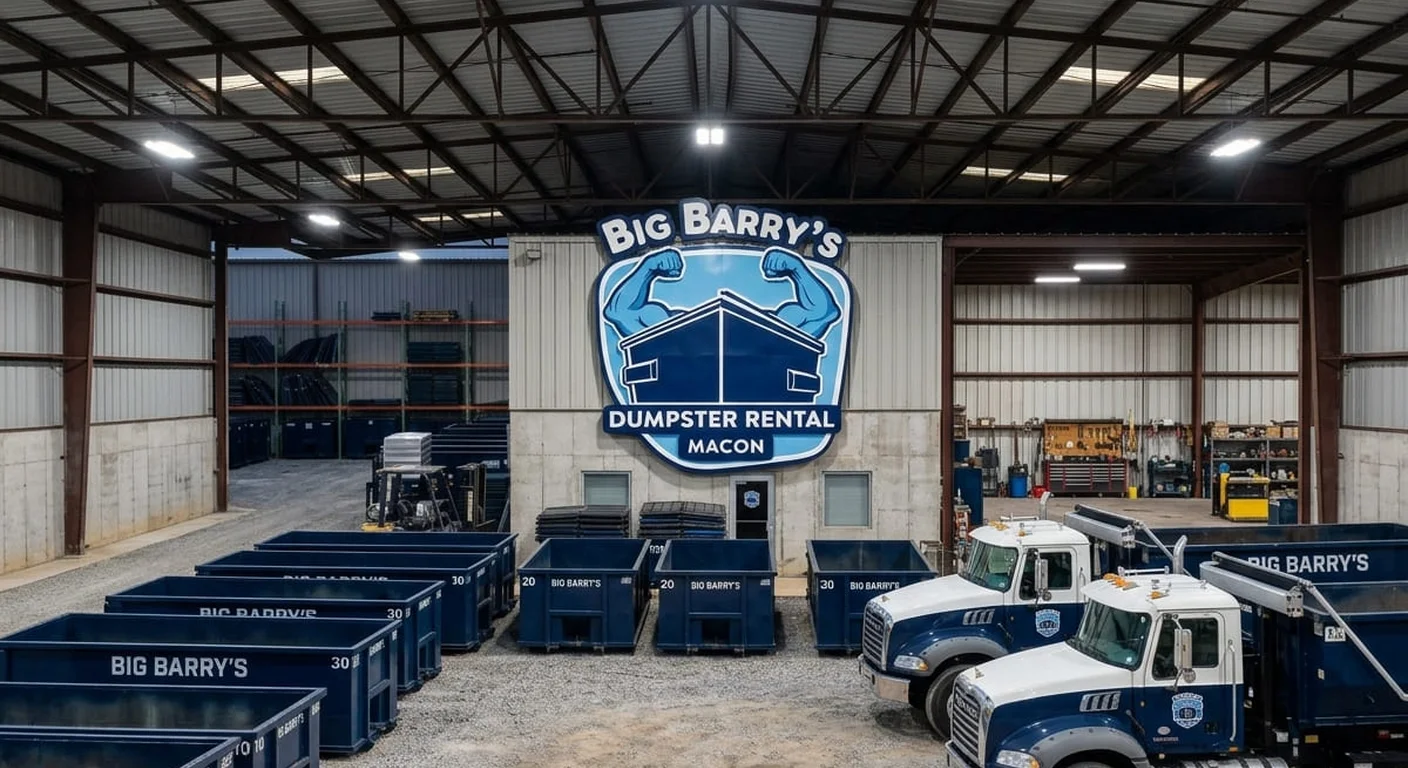Commercial Dumpster Rental in Macon, GA Interior view of Big Barry's dumpster and truck yard with multiple roll-off sizes staged for commercial jobs