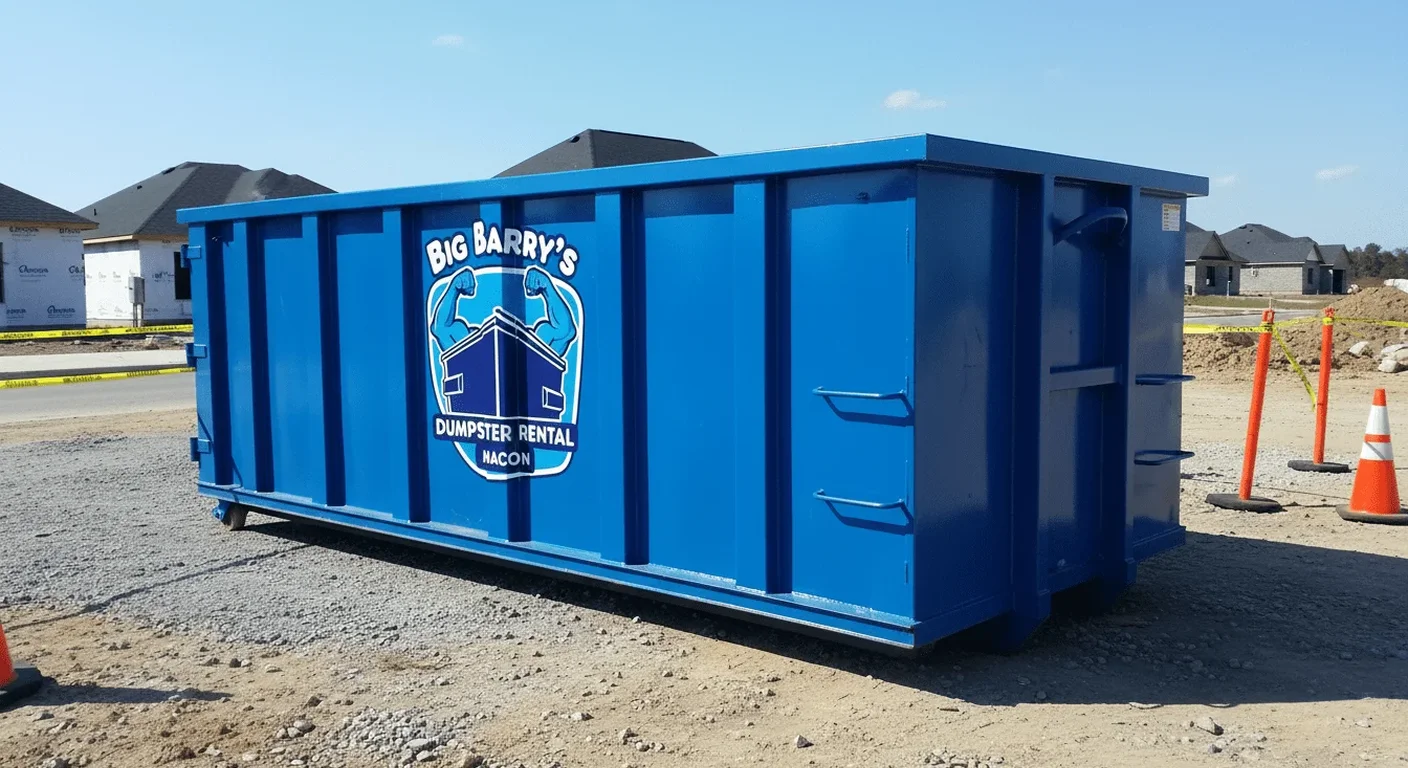A Big Barry's roll-off dumpster staged for a job near Payne City, GA