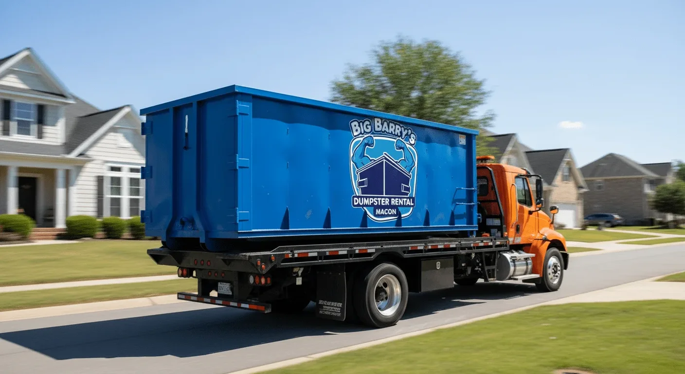 A Big Barry's roll-off dumpster loaded on the delivery truck bed, ready for drop-off in Shirley Hills, GA